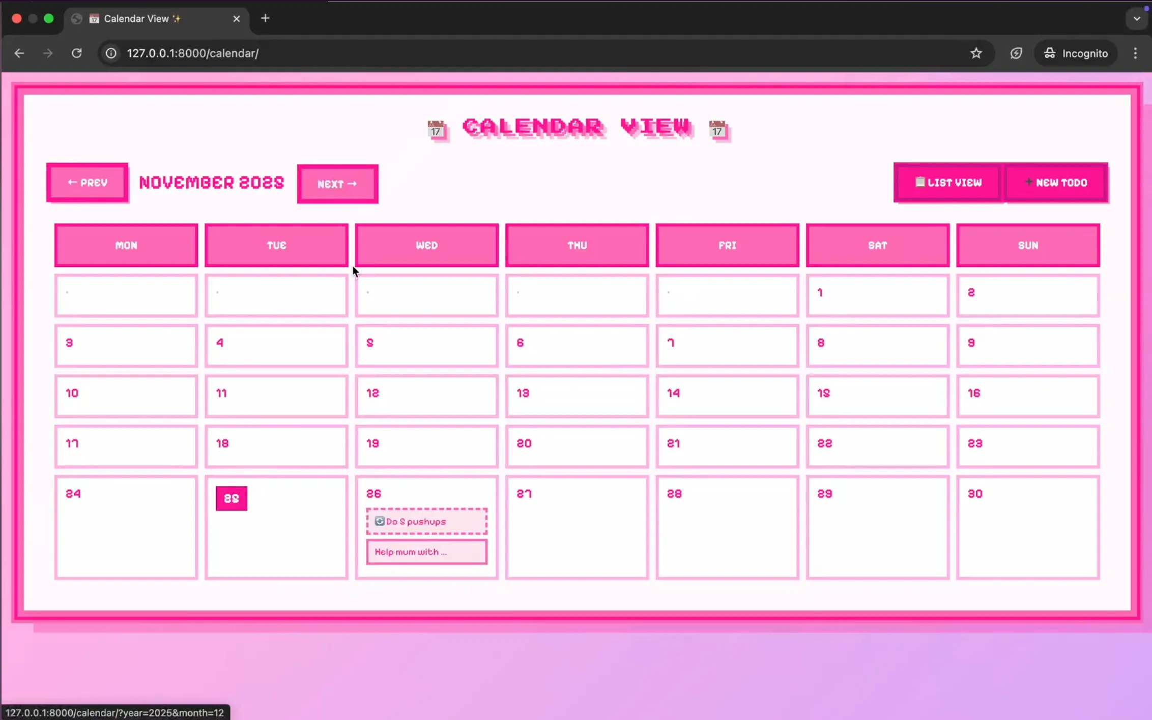 Girly Version Calendar View