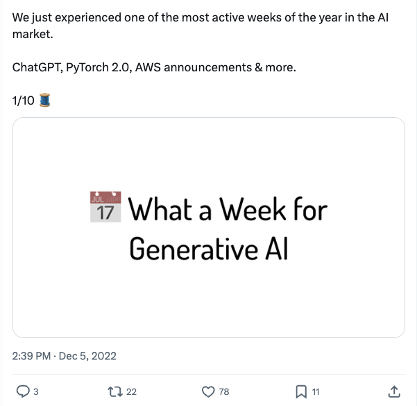 X post introducing a weekly roundup covering ChatGPT, PyTorch 2.0, AWS announcements, and other generative AI news