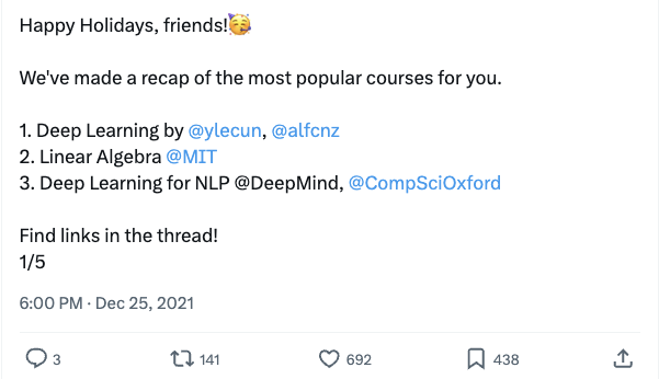 Holiday X post recapping popular courses in deep learning, linear algebra, and natural language processing