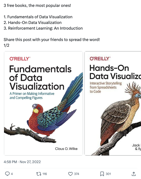 X post recommending three free books about data visualization and reinforcement learning